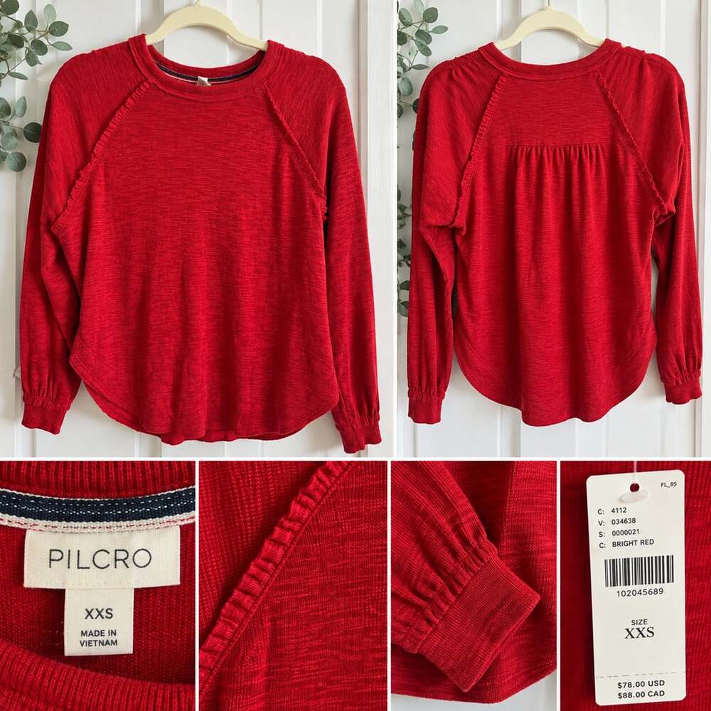 Pilcro Ruffled Raglan Thermal Top Size XXS Bright Red Long Sleeve